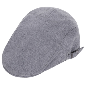 Detail of gray cotton ivy cap with adjustable metal buckle and knit fabric texture
