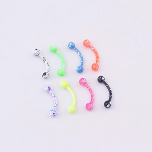 Detailed view of eight curved barbell eyebrow rings featuring colorful paint splatter patterns