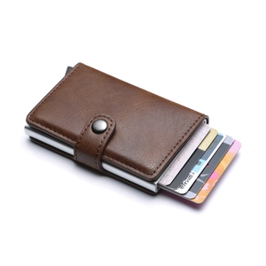 Brown lychee leather automatic pop-up aluminum card holder wallet for men