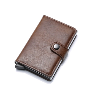 Brown litchi texture leather wallet with aluminum automatic pop-up card holder