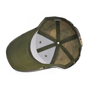 Detailed interior of cotton camouflage baseball cap showing stitching and fabric care labels