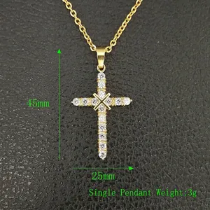 Gold plated stainless steel cross pendant with AAA zircon stones measuring 45mm by 25mm