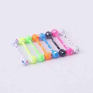 Set of nine colorful splatter-pattern stainless steel barbell rings for body piercings