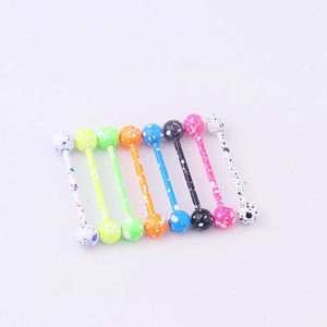 Close-up of 8 colorful stainless steel barbell tongue rings with speckled splash pattern