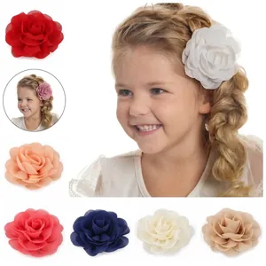 Kids Chiffon Fabric Flower Hair Clips Rose Camellia Shape Duckbill Iron Clip Girls Boutique Headwear Pretty