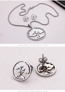 Detail view of silver stainless steel tree of life necklace and stud earrings set