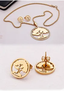 Detail of gold tree of life jewelry set including pendant necklace and stud earrings