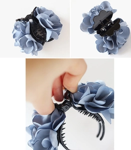 Detailed multi-angle views of blue fabric flower hair claw clip on white background
