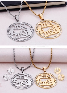 Detail of mama pendant necklace and earrings with crystals in gold and silver finish