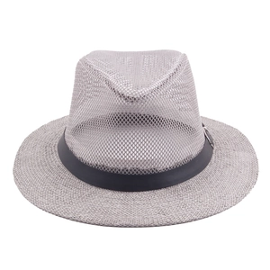 Men's breathable mesh fedora hat in light grey with black leather band and metal buckle