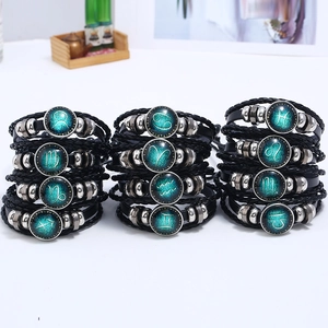 Luminous twelve constellations braided leather bracelets with green starry sky glass gem