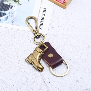 Vintage bronze alloy boot keychain with leather strap and metal ring for men