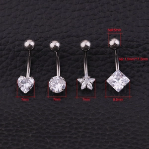 Surgical steel belly rings with clear zircon heart, star, round and square charms