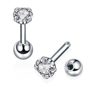 Detail of a 4-prong round zircon labret stud with threaded ball back in polished steel