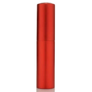 Detail view of a metallic red 10ml refillable perfume spray bottle with a twist design