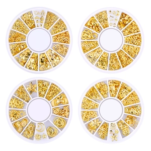 Golden moon and star alloy nail art studs set in white multi-compartment boxes