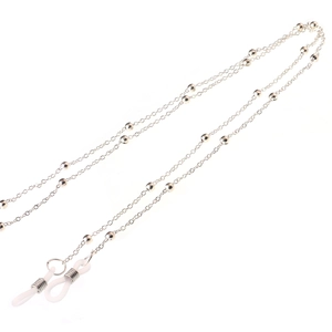 Minimalist silver metal eyeglass chain with small beads and white anti-slip silicone loops