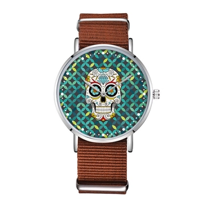 Fashionable nylon strap watch with colorful skull pattern and silver metal case