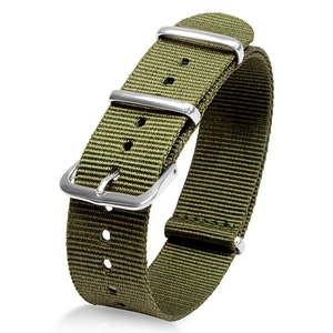 Detail of army green nylon NATO watch strap with silver metallic buckles and rings