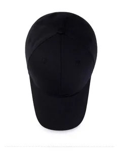 Top view of a black cotton baseball cap showing ventilation eyelets and top button