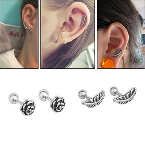 Stainless Steel Retro Rose Flower Feather Ear Cartilage Stud Earrings Helix Piercing Jewelry For Women Men Vintage Style