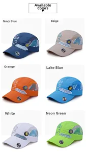 Detailed grid of quick-dry kids sun hats with mesh side panels in six vibrant colors