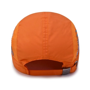 Back view of orange quick-dry sun hat for children with breathable mesh and metal buckle