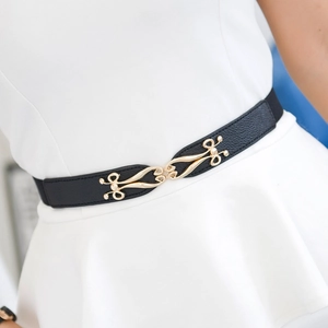 Women's slim elastic black leather waist belt with elegant gold filigree buckle