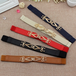 Women Fashion Elastic Waist Belt PU Leather Skinny Cinch Interlock Buckle Vintage Floral Hollow For Dress