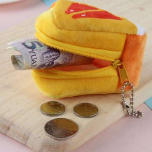 Creative toast bread plush coin purse with zipper and metal bead chain on wooden board