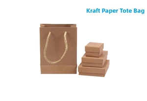 Set of three stacked kraft paper gift boxes with a matching woven handle gift bag