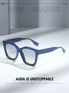 Macro shot of dark blue square frame sunglasses with gradient lenses and minimal branding