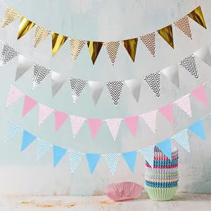 Nordic style wavy gold foil bunting banners for birthday parties in gold silver pink and blue