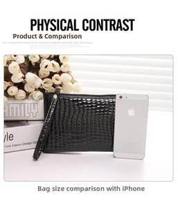 Detail of black crocodile pattern clutch bag showing glossy PU leather texture and wrist strap