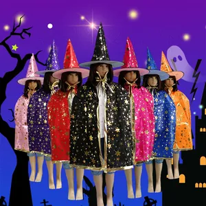 Colorful Halloween wizard capes and hats with gold stars for kids costume party