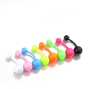 Eight colorful neon navel rings in various vibrant shades on a clean white surface