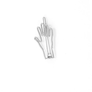 Close-up of funny silver metal paperclip in creative middle finger hand gesture shape
