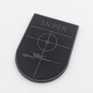 Detailed view of PVC sniper morale patch with rifle silhouette and crosshair design