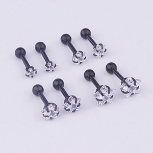 Detail view of pentagram zircon stud earrings in black stainless steel and claw setting