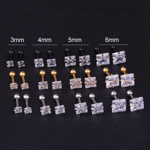 Square Zircon Cartilage Earring Studs Stainless Steel Piercing Jewelry With Screw Ball Back For Women Men Fashion