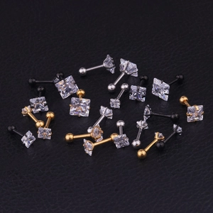 Square zircon stud earrings in gold, silver, and black finish on a dark background
