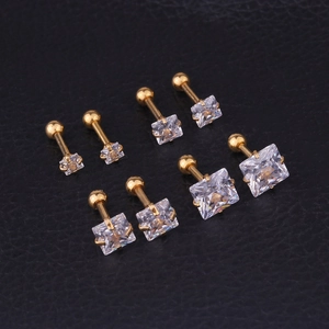Set of four gold stainless steel stud earrings with square cubic zirconia in various sizes