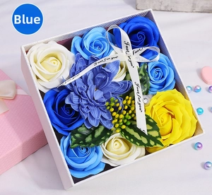 Detail view of blue rose soap flower gift box with Just for you ribbon and pearls
