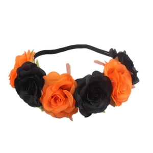Floral headband with vibrant orange and black fabric roses for Halloween festival hair decor