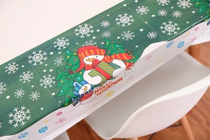 Detail of waterproof green Christmas tablecloth with snowman and snowflake patterns