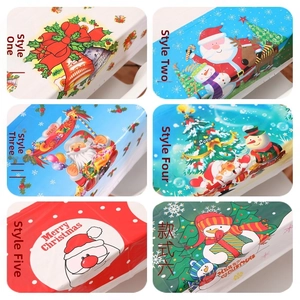 Detail view of six festive Christmas PVC tablecloth styles featuring Santa and reindeer