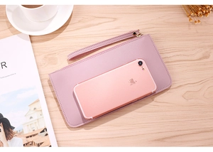 Minimalist lavender PU leather clutch wallet with litchi texture and wrist strap