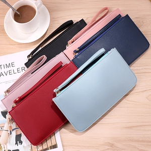 Women Long Wallet PU Leather Litchi Grain Zipper Clutch Bag Wristlet Korean Style Phone Pouch Card Holder