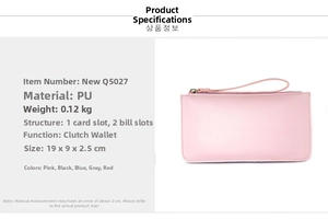Detailed size and structure chart for long pink PU leather wallet with wrist strap