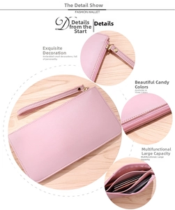 Detail view of pink lychee grain leather wallet showing card slots and metal zipper